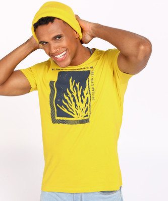 Spykar Printed Men Round Neck Yellow T-Shirt