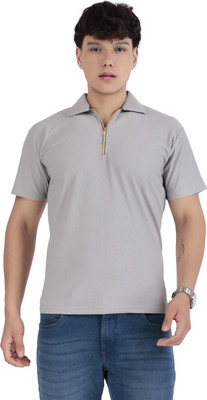 kibitzertrends Solid, Self Design Men Polo Neck Grey T-Shirt