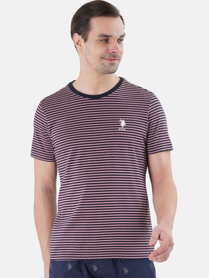U.S. POLO ASSN. Striped Men Round Neck Pink, Navy Blue T-Shirt