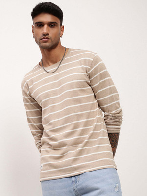 SHOWOFFFF Striped Men Round Neck Beige T-Shirt