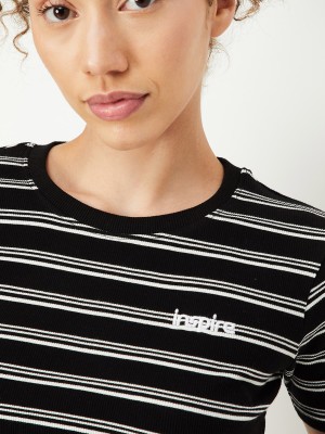 MAX Striped Women Round Neck Black T-Shirt