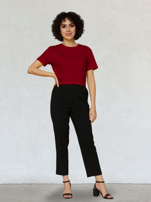 HouseOfCommon Solid Women Round Neck Maroon T-Shirt