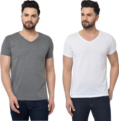 Tresna Fab Solid Men V Neck White, Grey T-Shirt