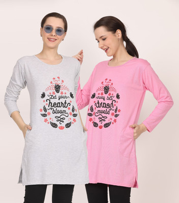 HouseOfCommon Printed Women Round Neck Pink, Grey T-Shirt