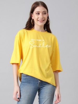 KOTTY Printed Women Round Neck Yellow T-Shirt