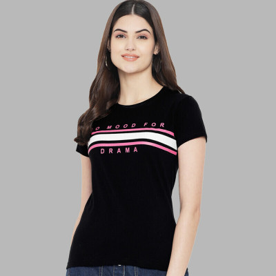 METRONAUT Typography Women Round Neck Black T-Shirt