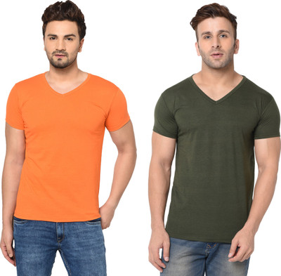 Tresna Fab Solid Men V Neck Orange, Dark Green T-Shirt
