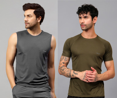 UDI n ADI Self Design Men Round Neck Grey, Dark Green T-Shirt