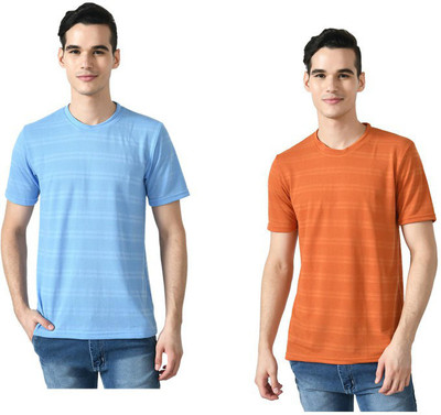 Indistar Striped Men Round Neck Blue, Orange T-Shirt