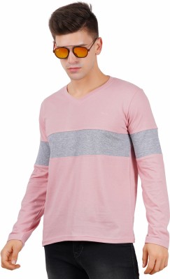 Frang Colorblock Men V Neck Pink T-Shirt