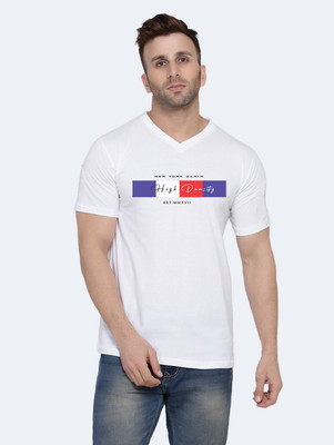 cotton high density Printed Men V Neck White T-Shirt