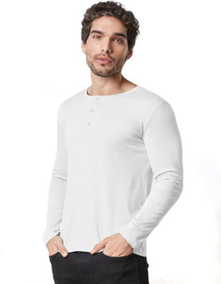 LazyChunks Solid Men Henley Neck White T-Shirt