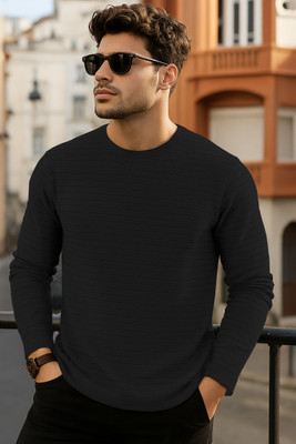 VCANEE Self Design Men Round Neck Black T-Shirt