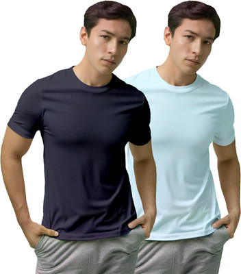 Fighterhero Solid, Sporty Men Round Neck Navy Blue, Light Blue T-Shirt