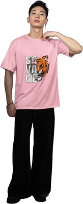 J&D brand Printed Men Cowl Neck Pink T-Shirt