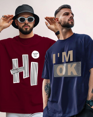 AOOSH Graphic Print Men Round Neck Maroon, Navy Blue T-Shirt