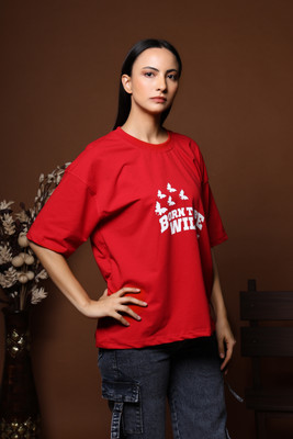 LUNAR WOLF Printed Women Round Neck Red T-Shirt