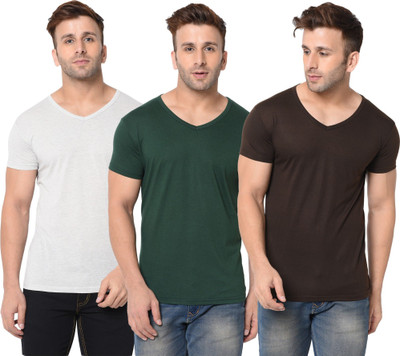 JB Jagoboy Solid Men V Neck Dark Green, White, Brown T-Shirt