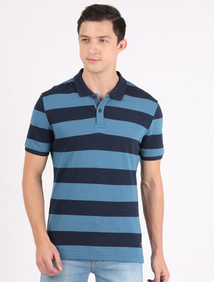 JOCKEY Striped Men Polo Neck Blue T-Shirt