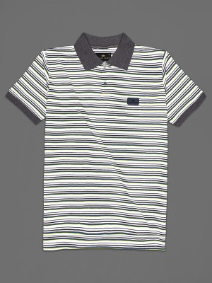 french crown Striped Men Polo Neck Blue T-Shirt