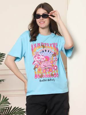 Fabflee Printed Women Round Neck Light Blue T-Shirt