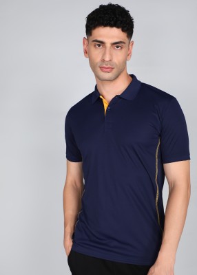 Adrenex Solid Men Polo Neck Dark Blue T-Shirt