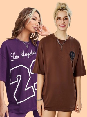 DreamBe Printed Women Round Neck Brown, Purple T-Shirt