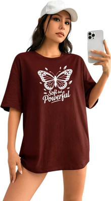 Stylicity Printed Women Round Neck Brown T-Shirt