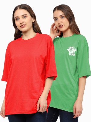 TQH Typography Women Round Neck Red, Light Green T-Shirt