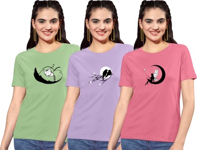 ZentWorld Printed Women Round Neck Light Green, Purple, Pink T-Shirt