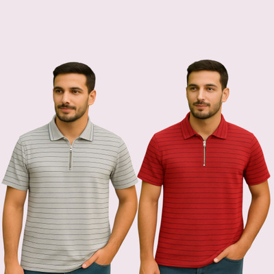 METRONAUT Striped Men Polo Neck Grey, Red T-Shirt