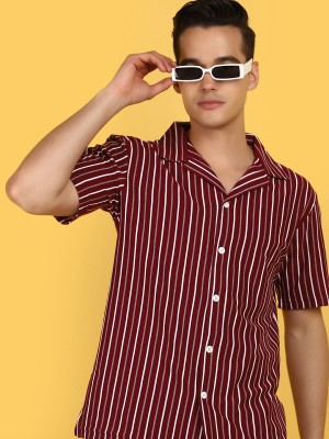 V-MART Striped Men Polo Neck Maroon T-Shirt