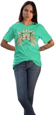 CoolDown Printed, Typography Women Round Neck Blue T-Shirt
