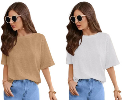 SriSaras Solid Women Round Neck White, Beige T-Shirt