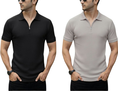 DSV Self Design Men Zip Neck Black, Grey T-Shirt