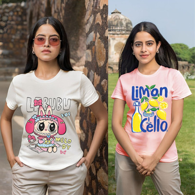 Kasendra Printed Women Round Neck White, Pink T-Shirt