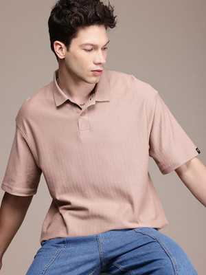 WROGN Self Design Men Polo Neck Pink T-Shirt