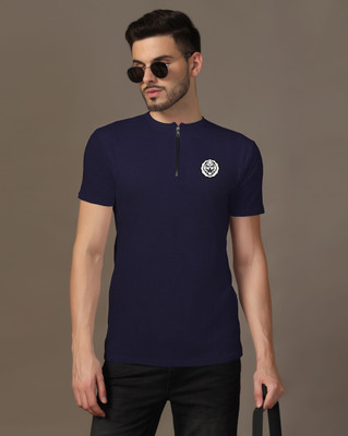Lawful Casual Printed Men Mandarin Collar Navy Blue T-Shirt