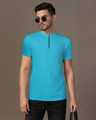 GEUM Solid Men Henley Neck Blue T-Shirt
