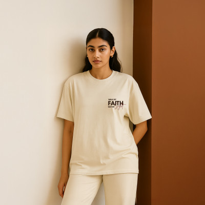 Kavod Lifestyle Printed Women Round Neck Beige T-Shirt