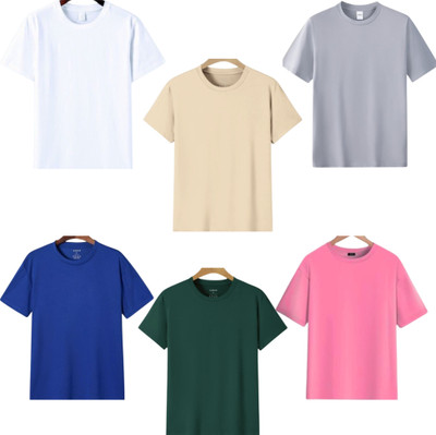 TTFE Solid Men Round Neck White, Beige, Silver, Dark Blue, Dark Green, Pink T-Shirt