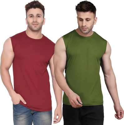 Adorbs Trend Solid Men Round Neck Green, Maroon T-Shirt