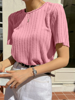 TEES HUB Casual Self Design Women Pink Top