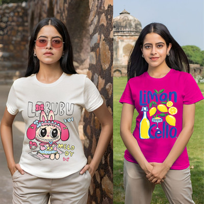 Kasendra Printed Women Round Neck White, Pink T-Shirt