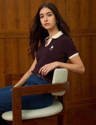 U.S. POLO ASSN. Self Design Women Polo Neck Beige, Brown T-Shirt