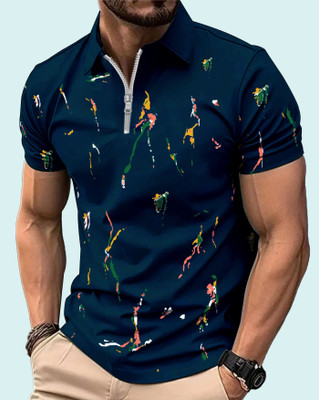 ENITOR Printed Men Zip Neck Blue T-Shirt