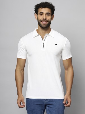 N AND J Solid Men Polo Neck White T-Shirt