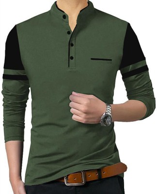 TRIPR ORIGINALS Colorblock Men Mandarin Collar Dark Green, Black T-Shirt