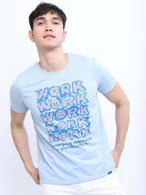 HIGHLANDER Printed Men Round Neck Light Blue T-Shirt