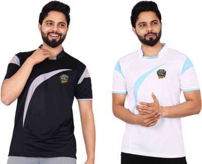 La Milano Graphic Print, Colorblock Men Mandarin Collar White, Black T-Shirt